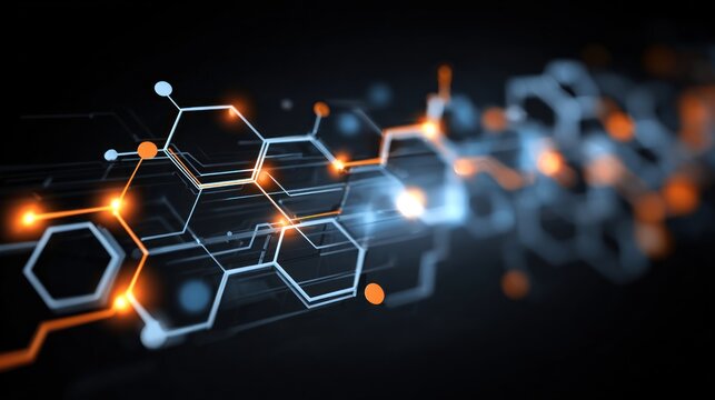 A futuristic, abstract digital network with glowing, hexagonal shapes and lines on a dark background.
