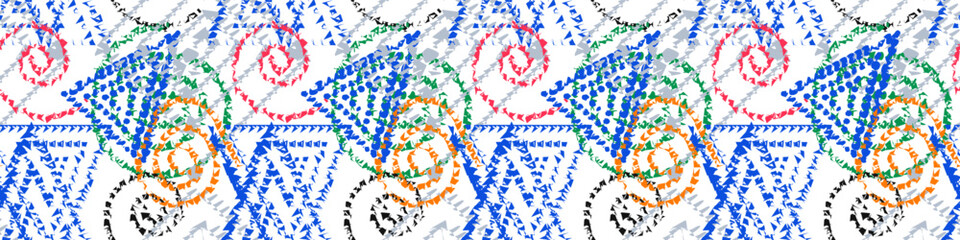 Grunge Dotted and Triangle Horizontal Background. wallpaper textile. Vibrant Abstract Border Design with Scribble Texture. Childish and Playful Abstract Banner Element. Abstract Scribble Texture
