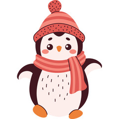 Adorable Cartoon Penguin Dressed in a Cozy Pink Knitted Hat and Scarf with Orange Feet and Transparent Background