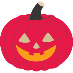 A Bright Red Halloween Pumpkin With A Carved Happy Face And Black Stem Against A Transparent Background