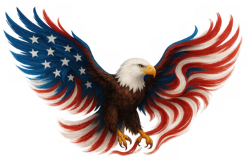 Bald eagle spreading wings with american flag pattern, symbolizing patriotism, freedom, and strength on transparent background