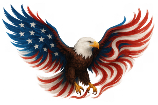 Bald eagle spreading wings with american flag pattern, symbolizing patriotism, freedom, and strength on transparent background - Powered by Adobe