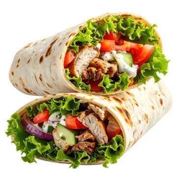 Shawarma wrap in thin saj bread, filled with sliced marinated meat, fresh vegetables, and sauce, isolated on white background