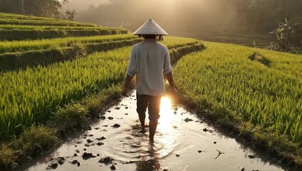 national farmers day farmer walks muddy rice paddy path at sunset