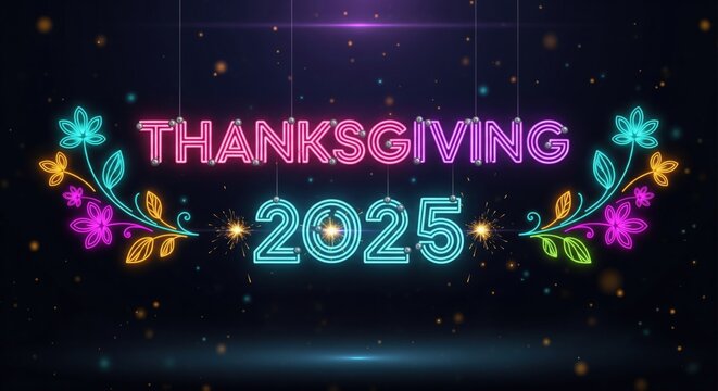 Thanksgiving 2025 neon sign with floral decoration