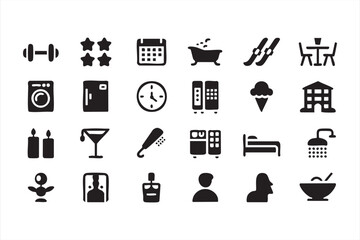 Black vector illustrations of hotel amenities and travel services