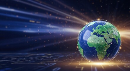 A globe with a blue and green color scheme, surrounded by a network of lines and dots, against a dark blue background with a glowing light effect.