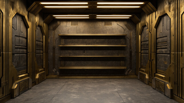 Empty metallic sci-fi room with industrial gold walls, glowing lights, and built-in shelves in a futuristic spaceship setting.