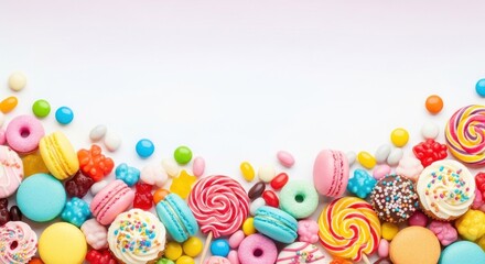 A colorful assortment of candies and sweets on a white background.