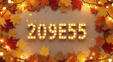 Marquee alphanumeric text 209e55 with autumn leaves and string lights