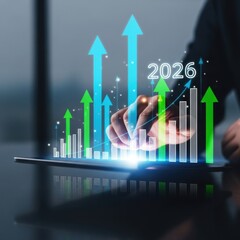 Digital hand interacting with business growth chart, projecting success and future 2026.
