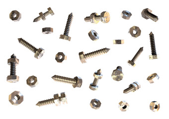 Some direction rusted screws and nuts isolated vector objects created by 3D modeling.