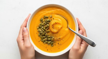 Hearty and vibrant pumpkin soup, garnished with pumpkin seeds and black pepper, served in a white bowl held by hands