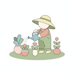 Woman Gardening and Watering Plants with a Sun Hat