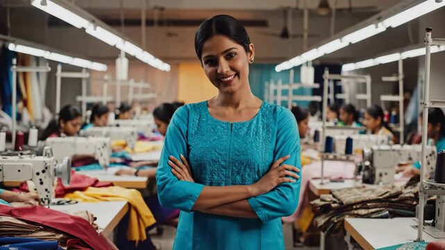 Confident Woman in Garment Factory - A smiling woman stands confidently in a garment factory with her arms crossed. Several other women are working at sewing machines in the background.