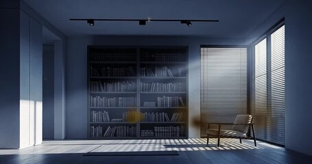 A serene reading nook in a modern room with sunlight filtering through blinds, casting shadows - Powered by Adobe