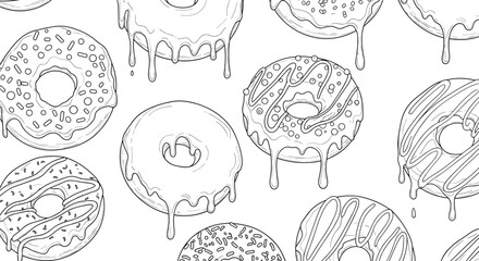 Seamless pattern of various black and white illustrated donuts with dripping icing.
