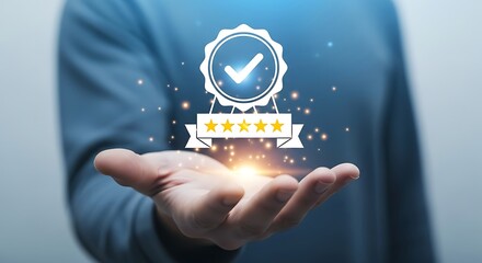Hand presenting a quality guarantee badge with five stars and check mark