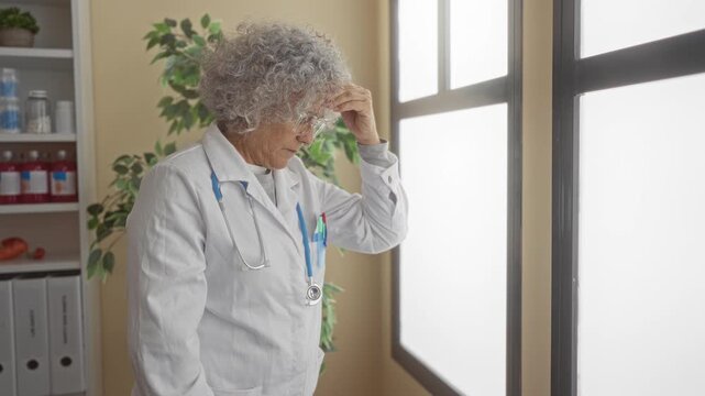 Grey-haired woman wearing a stethoscope in a clinic looks stressed while standing by a window, conveying a professional yet contemplative atmosphere in a medical indoor setting.