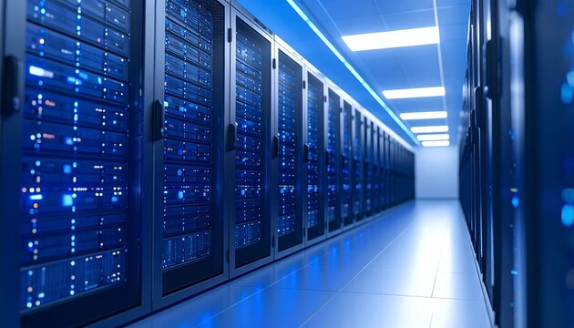 A server room filled with rows of computer servers, illuminated by cool blue lighting.