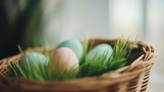 Pastel colored eggs in a wicker basket with green grass for spring celebration
