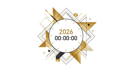 A modern abstract geometric design featuring a countdown clock for the year 2026, with gold and black shapes on a white background.