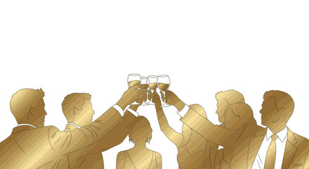 Golden Silhouettes of People Toasting with Glasses in Celebration.