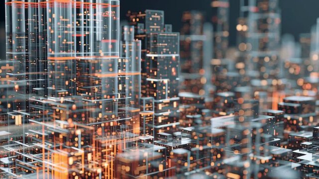 A cityscape with many buildings and lights. The buildings are tall. Close-up cyber physical city digital twins represented as two layered transparent micro cities overlapping, digital city ecosystem
