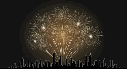 Golden fireworks exploding over a dark city skyline at night, celebrating an event.
