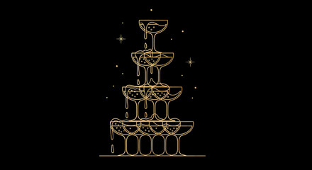 Elegant golden line art illustration of a champagne tower with sparkling liquid overflowing into coupe glasses on a black background, symbolizing celebration and luxury.