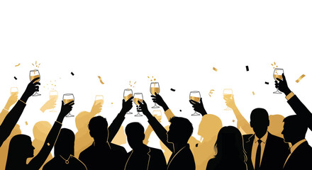 Silhouettes of people toasting with champagne glasses and falling golden confetti, celebrating an event.