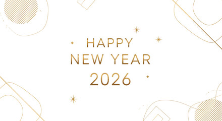 Elegant Happy New Year 2026 greeting card with golden text and abstract festive design on a white background.