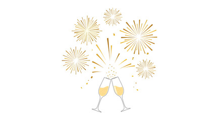Champagne glasses toasting under a sky full of festive fireworks celebrating a special occasion.