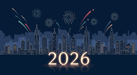City skyline at night with glowing 2026 and colorful fireworks celebrating the new year.