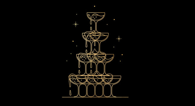 Elegant golden line art illustration of a champagne tower with sparkling liquid overflowing into coupe glasses on a black background, symbolizing celebration and luxury.