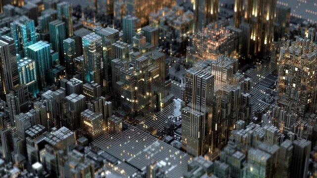 A cityscape with buildings and a street. The buildings are tall. Close-up digital city ecosystem micro chips morph into building clusters, hybrid physical digital convergence, digital city ecosystem