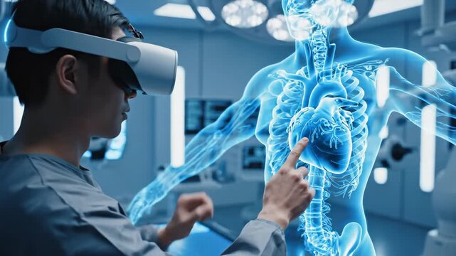Surgeon Using VR in Futuristic Operating Room - A surgeon wearing a VR headset interacts with a 3D anatomical model of the human body in a modern, sterile operating room.
