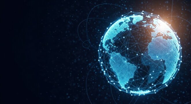 A glowing blue and white globe with a network of connections against a dark background.