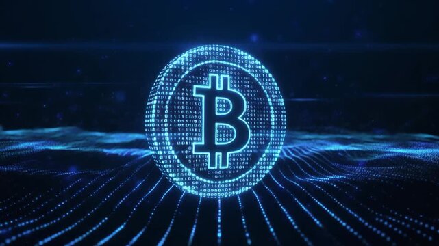 Glowing blue Bitcoin logo with radiant lines on a dark background, conveying a futuristic and technological mood with neon-like lighting.