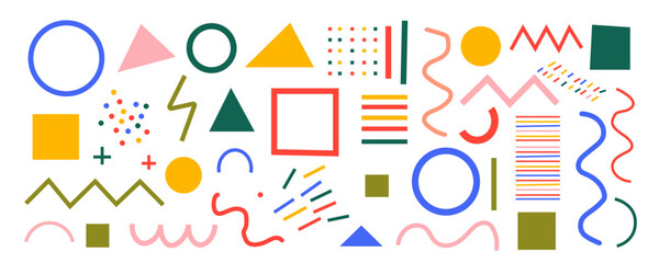 Set of minimalist geometric shape icons with transparent background, abstract design elements, Memphis style patterns, modern graphic assets, vector illustration