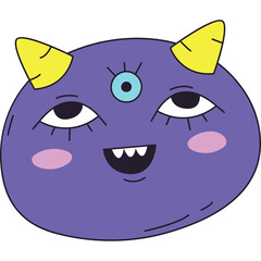 A Playful Purple Monster With Three Eyes And Yellow Horns Smiles With Blushed Cheeks And A Wide Open Mouth Isolated On A Transparent Background