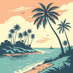 A serene tropical island landscape with tall palm trees swaying gently in the breeze, a tranquil turquoise sea, and a distant sailboat under a warm, peachcolored sky
