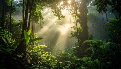 Obraz premium Lush Tropical Rainforest Scene Featuring Sunlight Streaking Through Dense Foliage