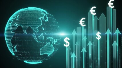 Glowing neon graphic of a world map with currency symbols and rising arrows on a black background with a futuristic feel. - Powered by Adobe