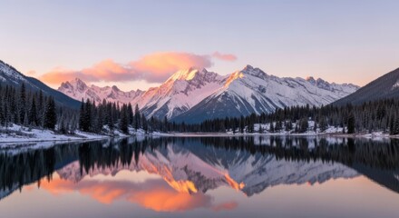 Majestic snow capped mountains reflected in a serene lake at sunrise with pastel sky