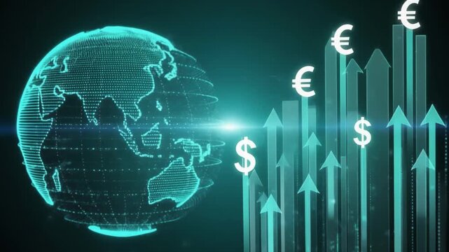 Glowing neon graphic of a world map with currency symbols and rising arrows on a black background with a futuristic feel.