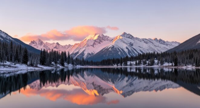 Majestic snow capped mountains reflected in a serene lake at sunrise with pastel sky - Powered by Adobe