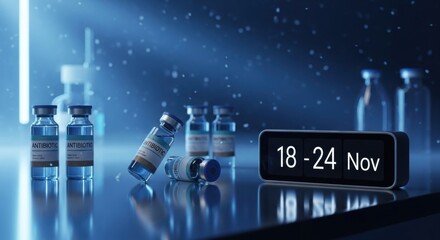 A futuristic display featuring various vaccine vials arranged on a sleek surface alongside a digital clock showcasing the dates 18 to 24 November, illuminated by soft blue lighting