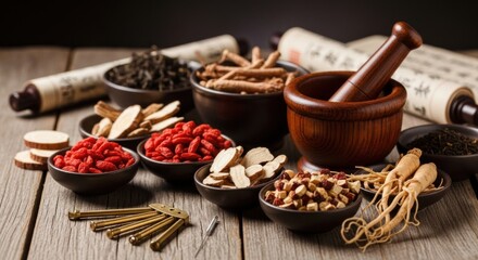 Fototapeta premium Various traditional Chinese medicine ingredients and tools on a wooden table.