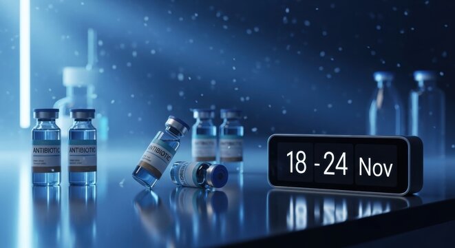 A futuristic display featuring various vaccine vials arranged on a sleek surface alongside a digital clock showcasing the dates 18 to 24 November, illuminated by soft blue lighting